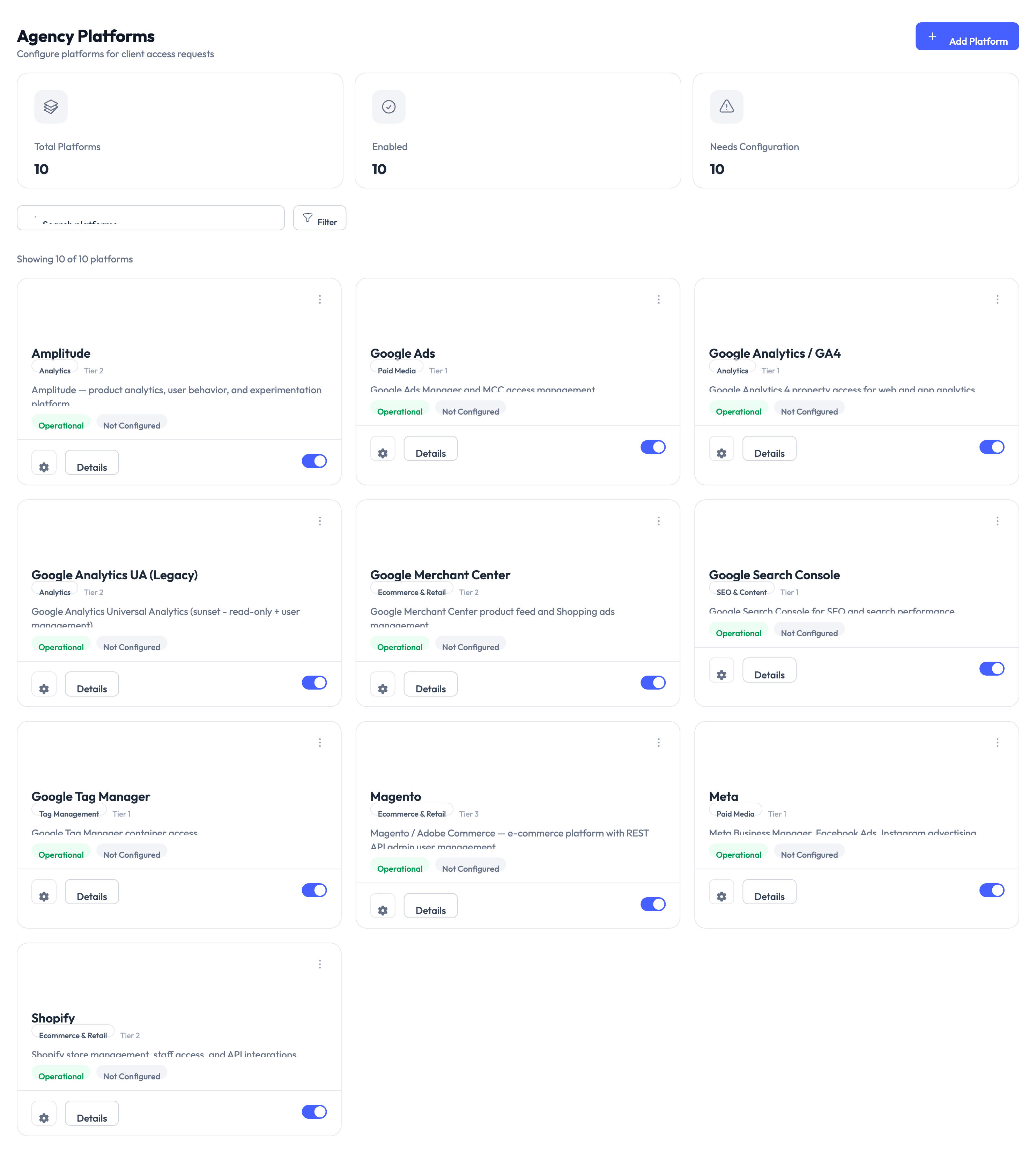 Agency platforms page showing connected platforms with status indicators