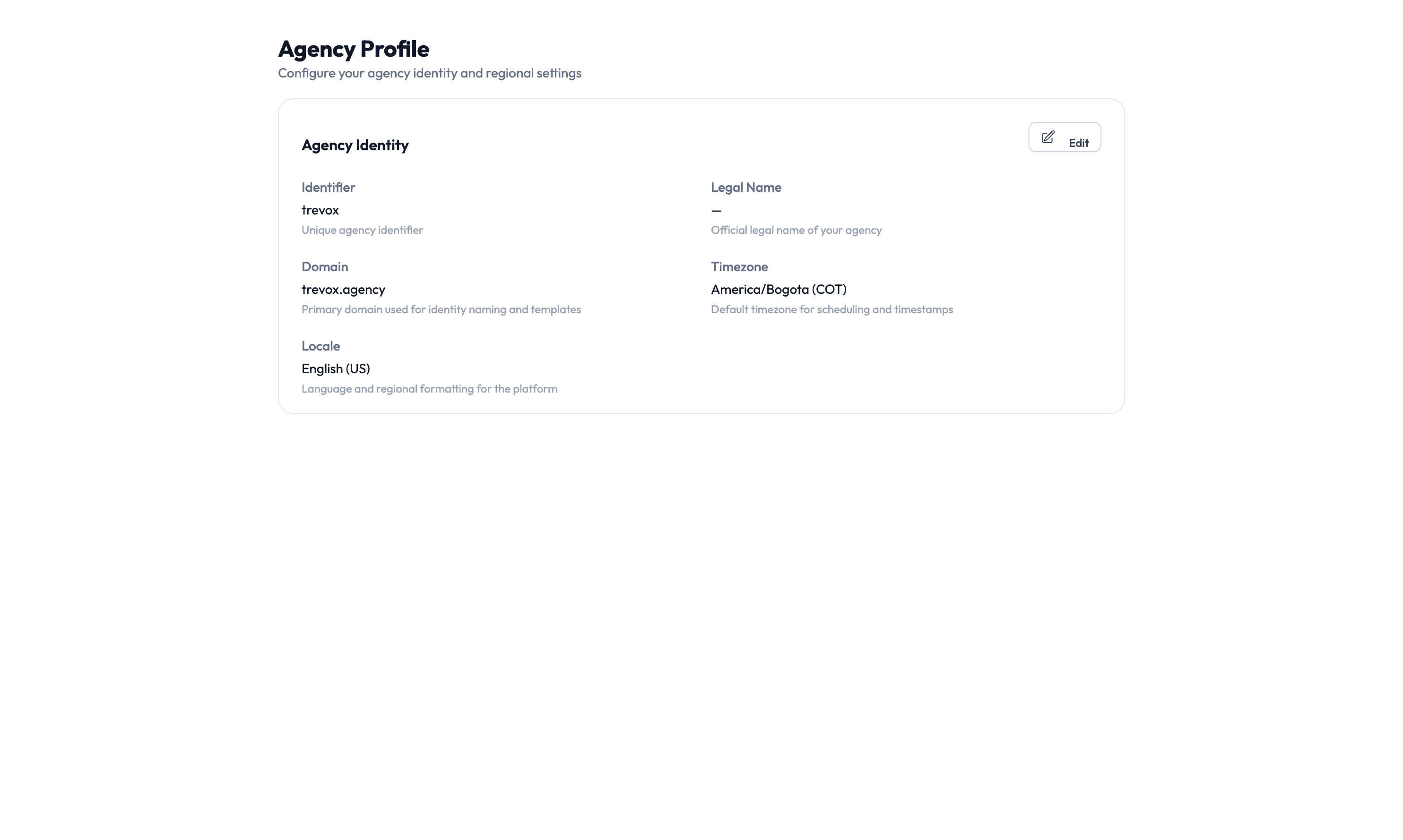 Agency settings page showing configuration categories