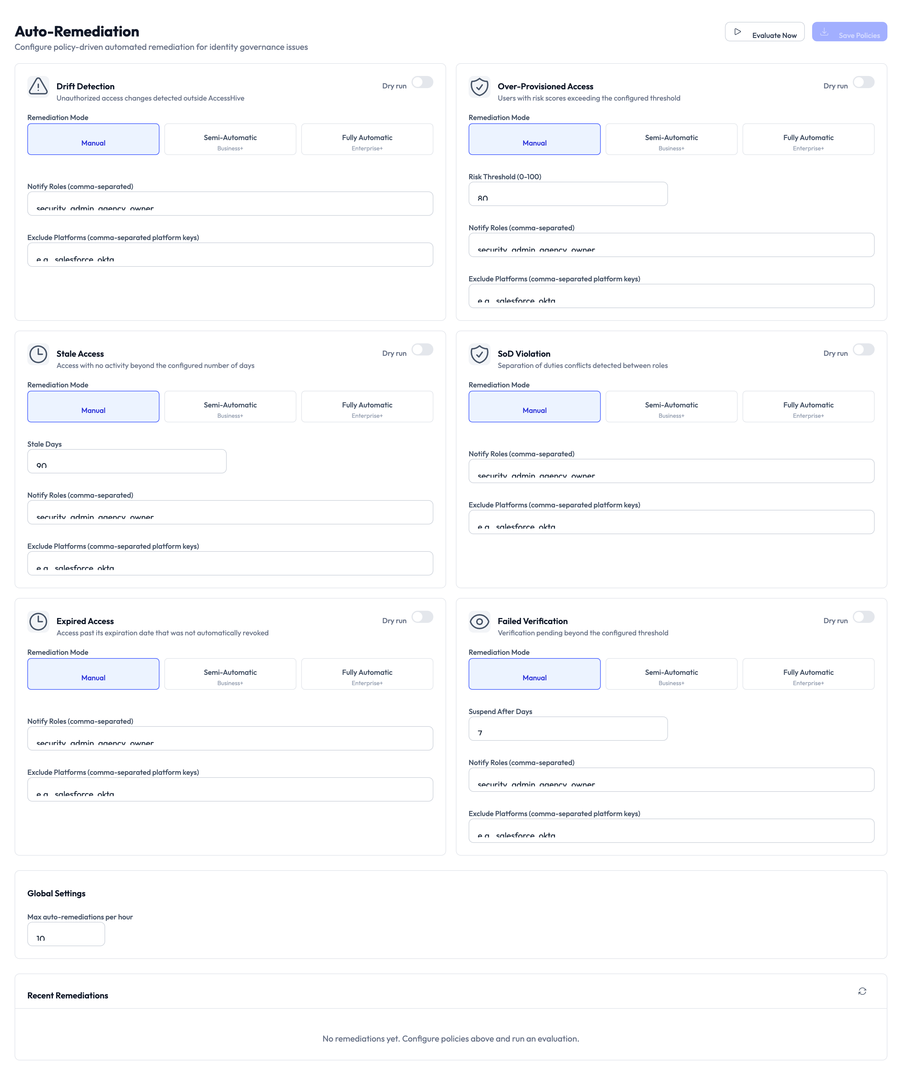 Auto-remediation settings page showing remediation rules and warning periods