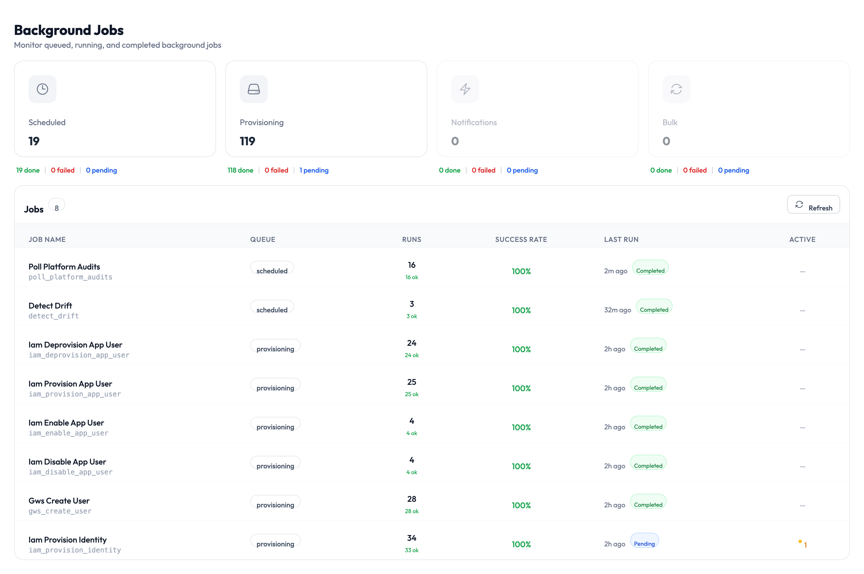 Background jobs page showing job status and retry options
