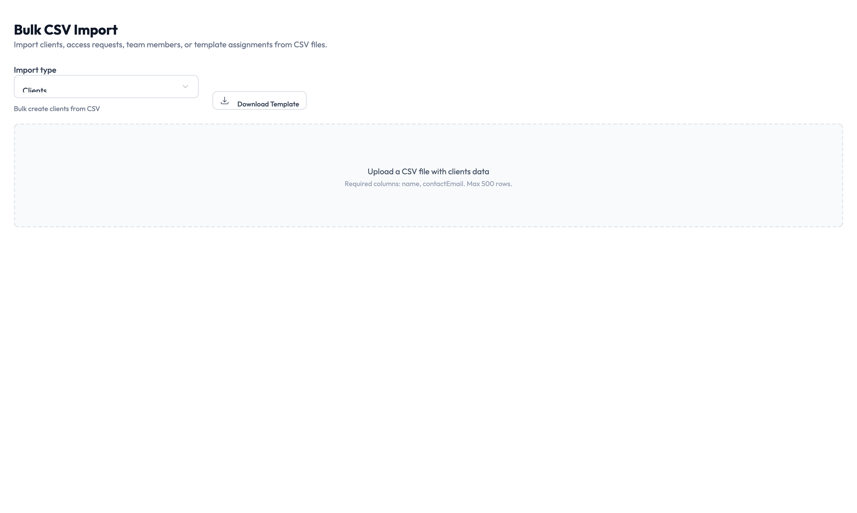 Bulk import page showing import type selection and template download
