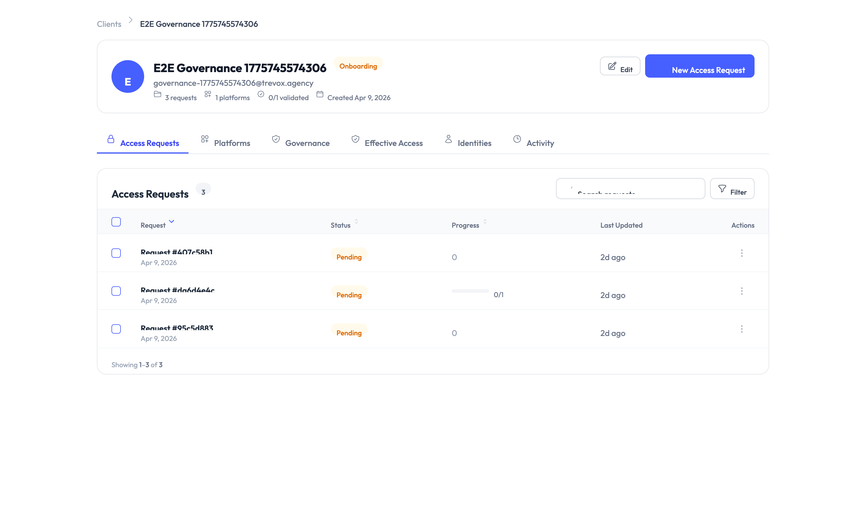 Client detail page showing the Access Requests tab with pending requests