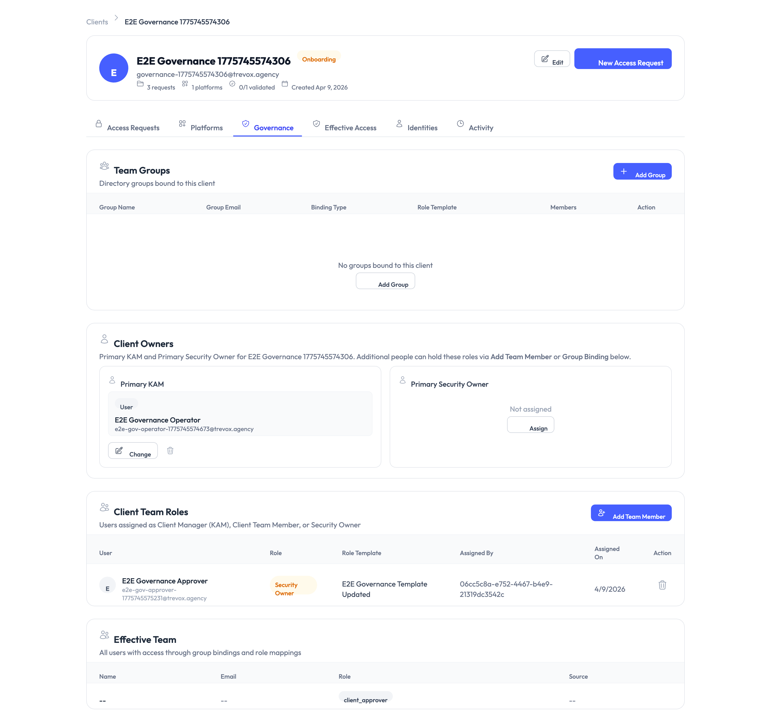 Client Governance tab showing team groups, client owners, and role assignments