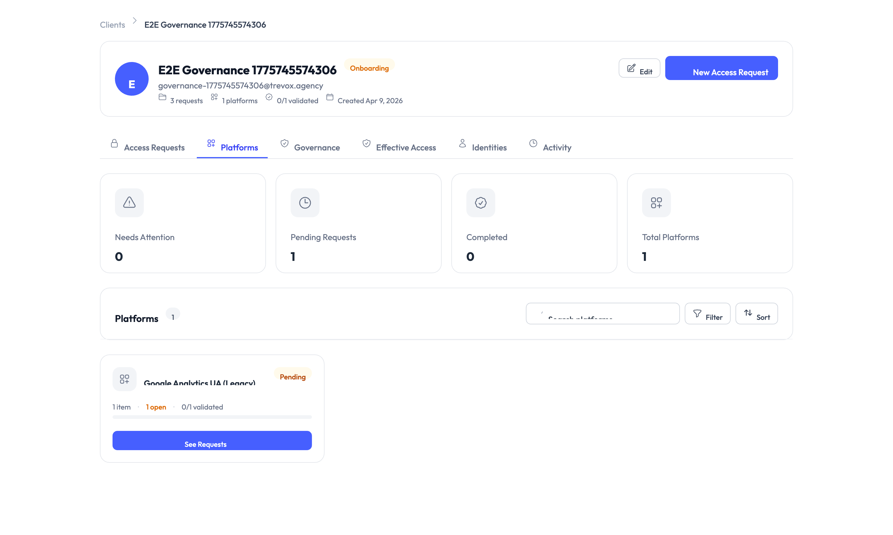 Client Platforms tab showing connected platforms with pending requests and validation status