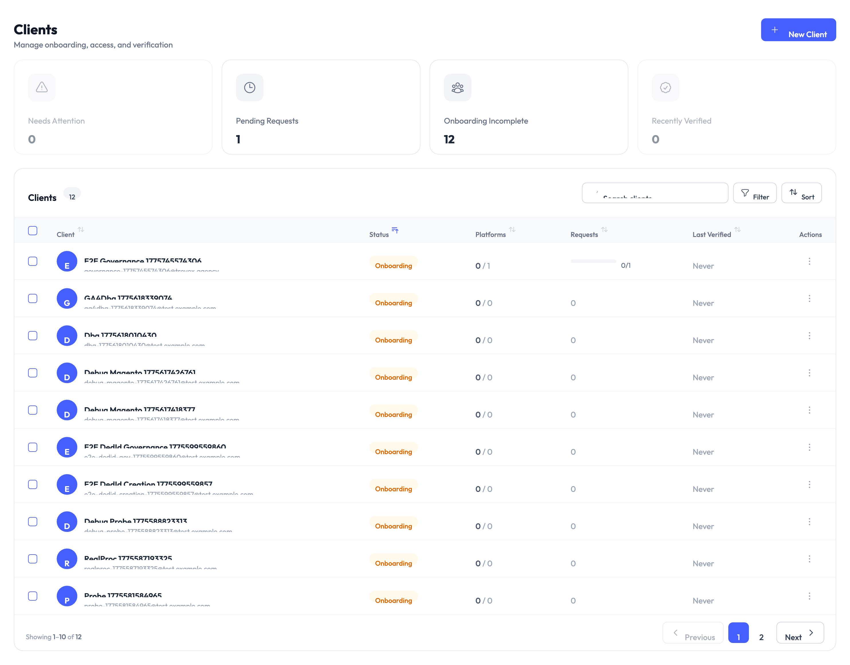 Client management page showing client list with status and actions