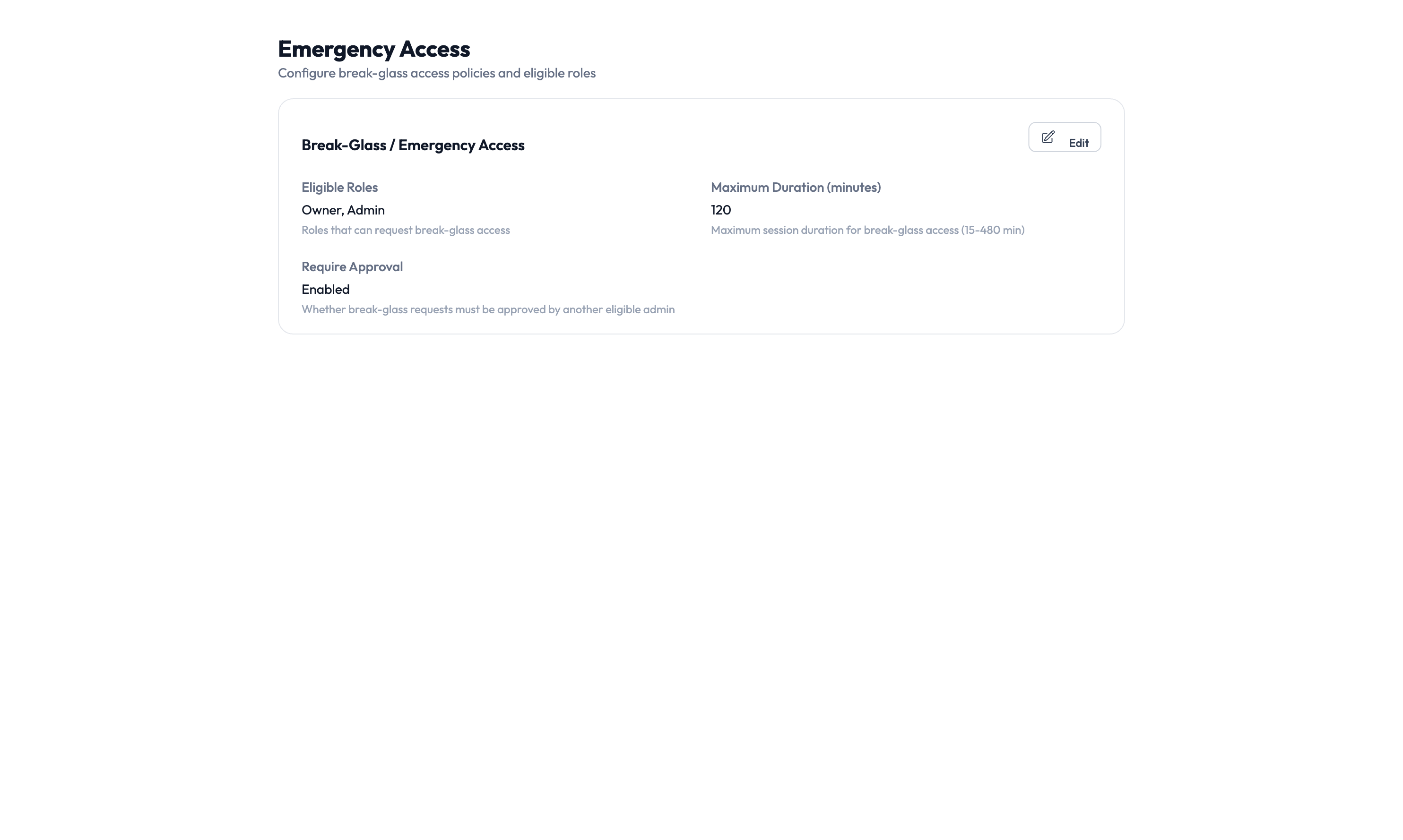 Emergency access settings page showing break-glass policy configuration