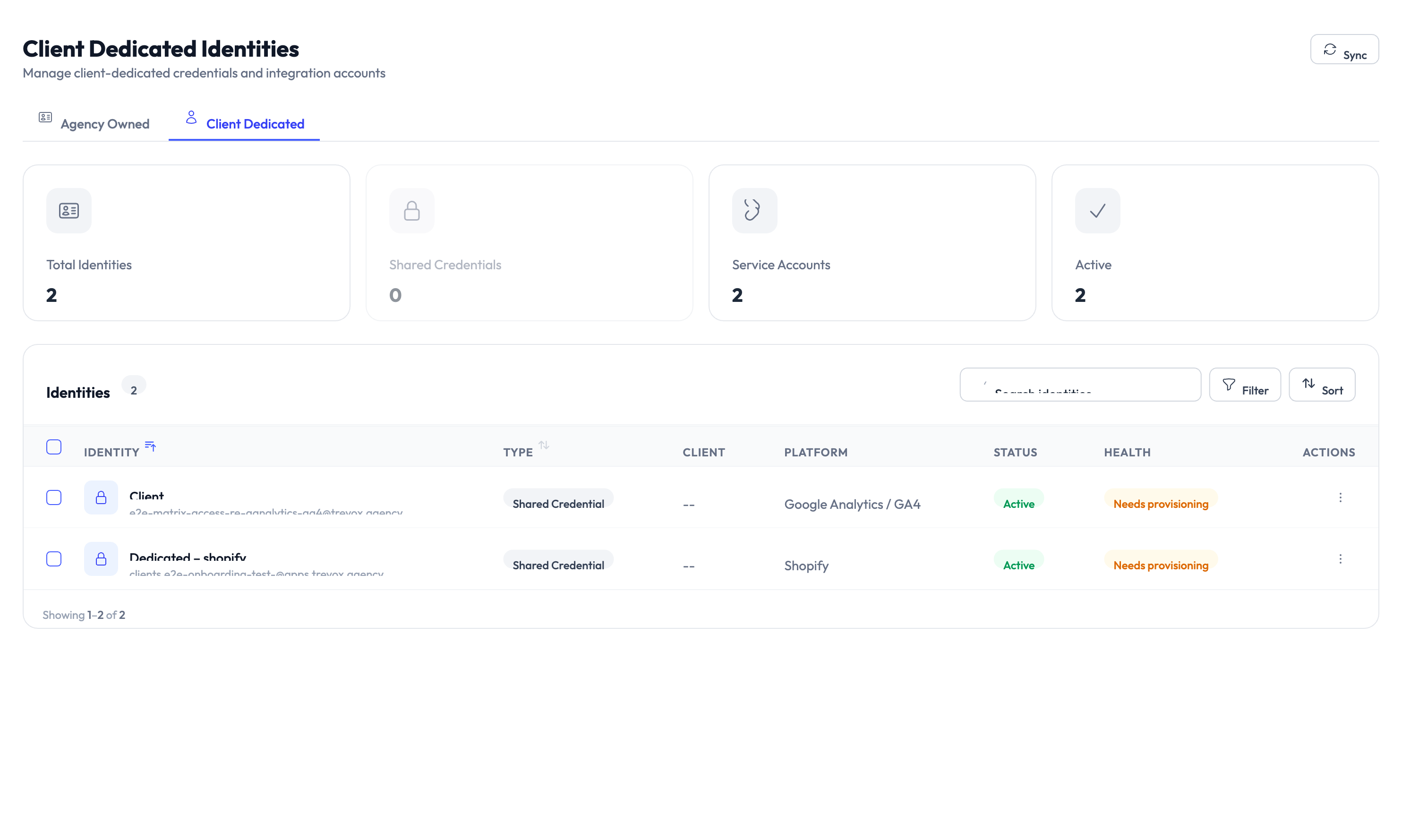 Identity detail page showing client-dedicated credential with reveal option