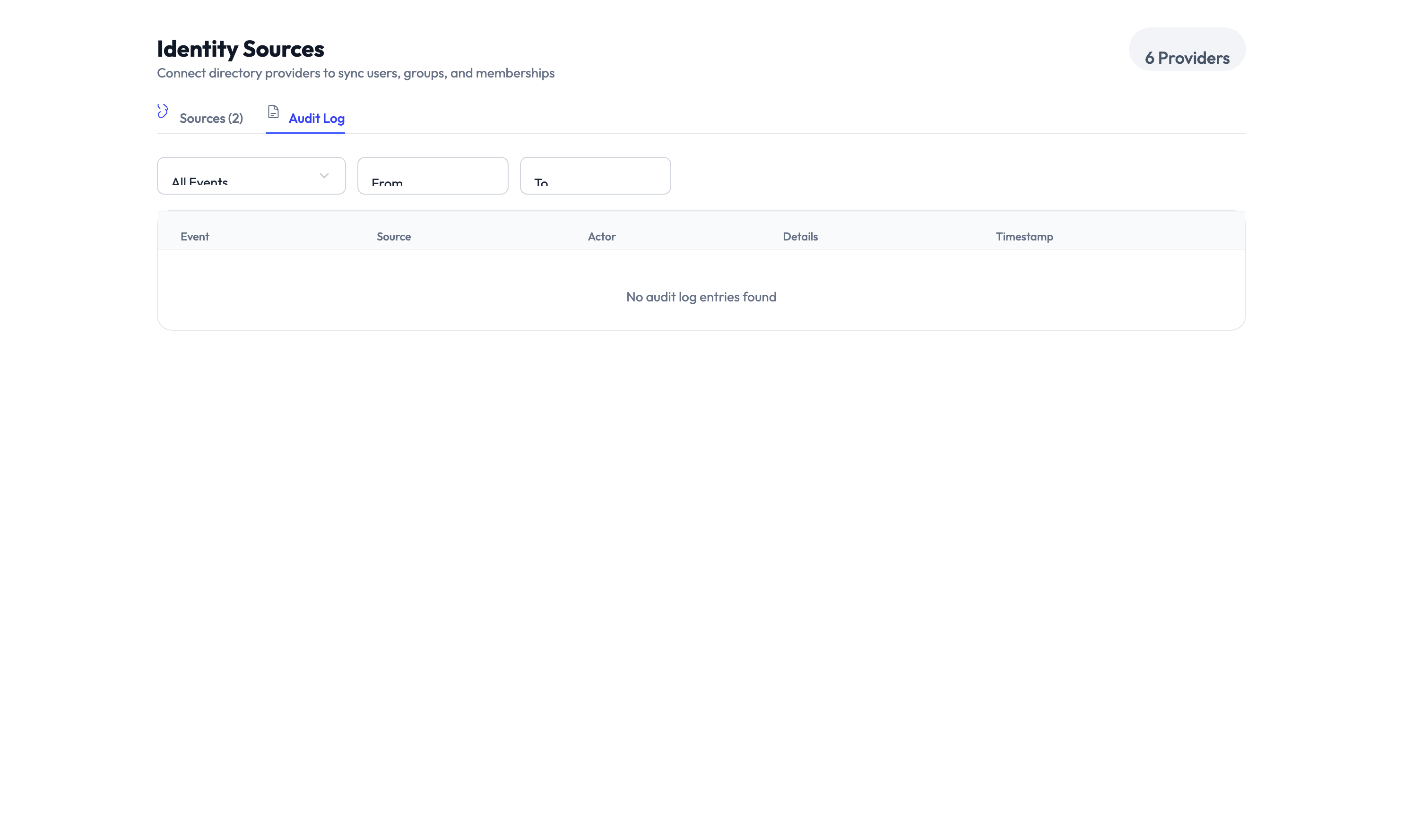 Identity sources audit view showing sync history and event logs