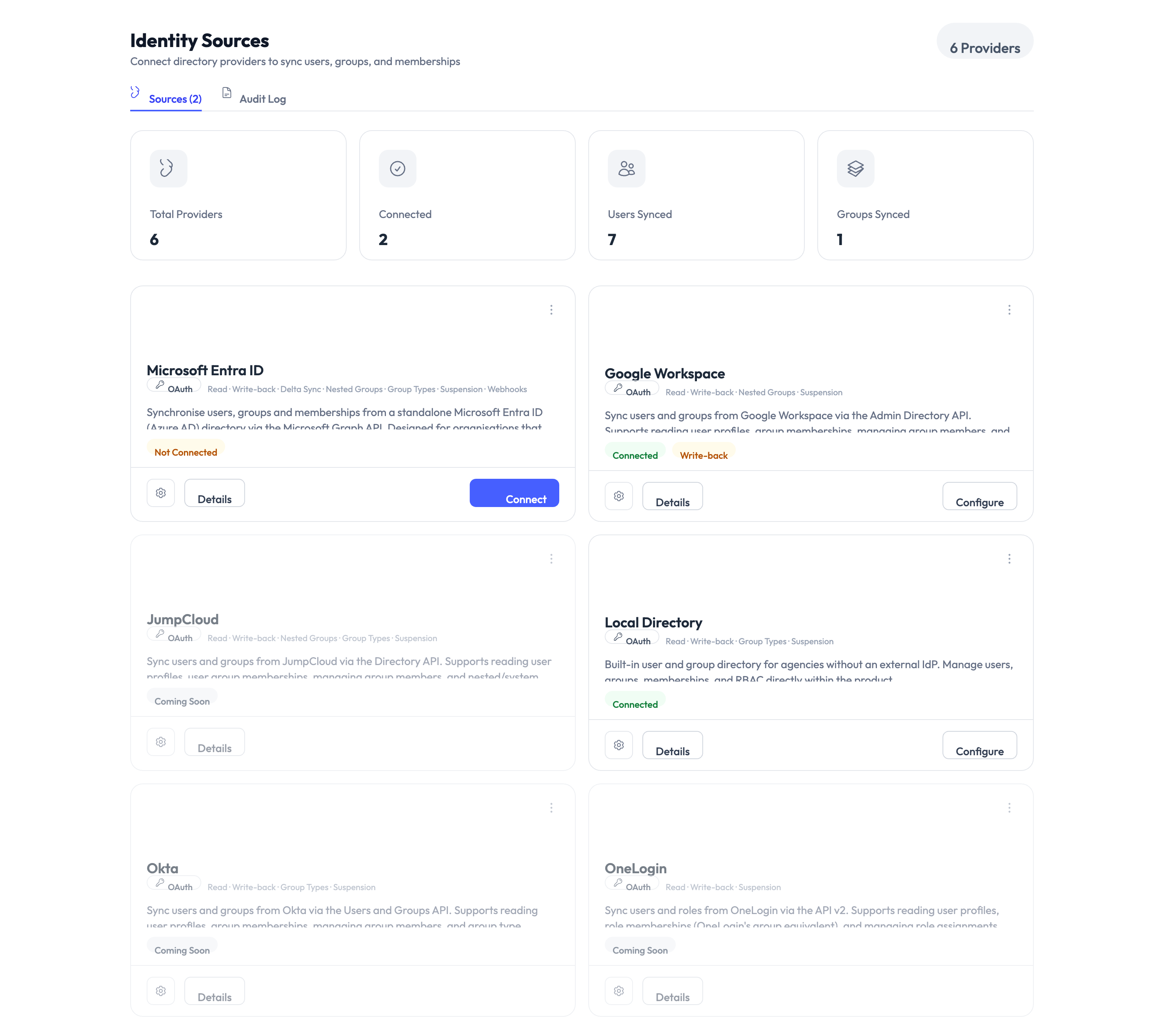 Identity sources page showing Google Workspace connection status