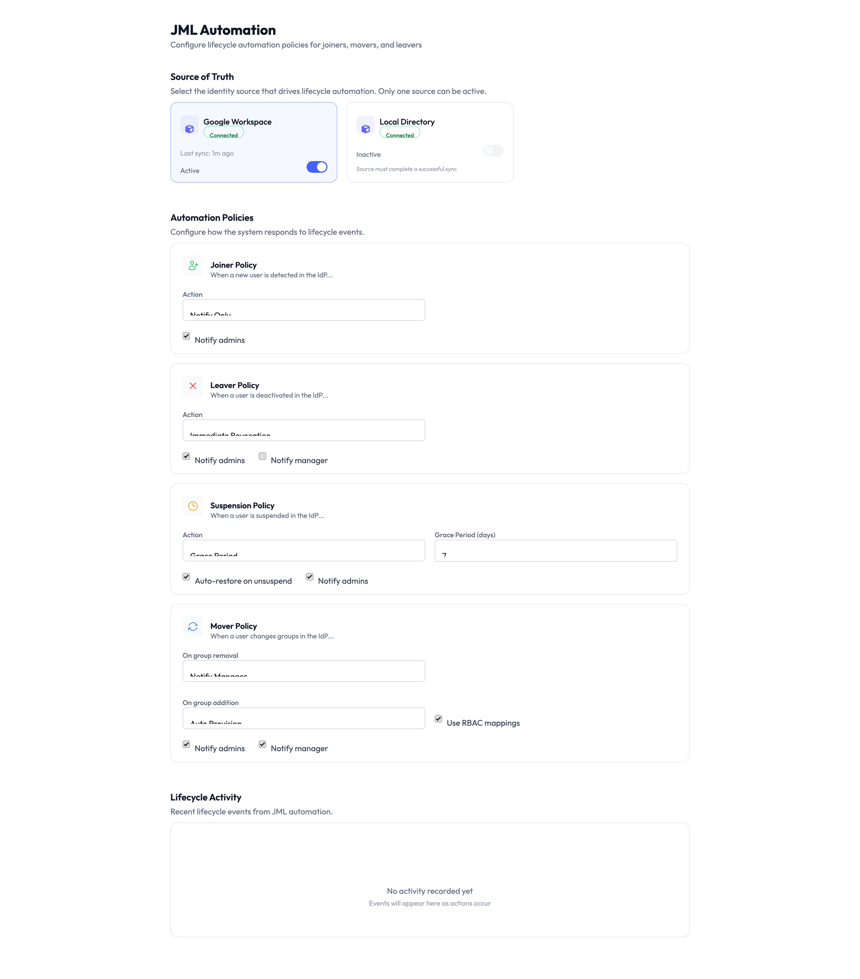 JML automation settings page showing joiner, mover, and leaver rules