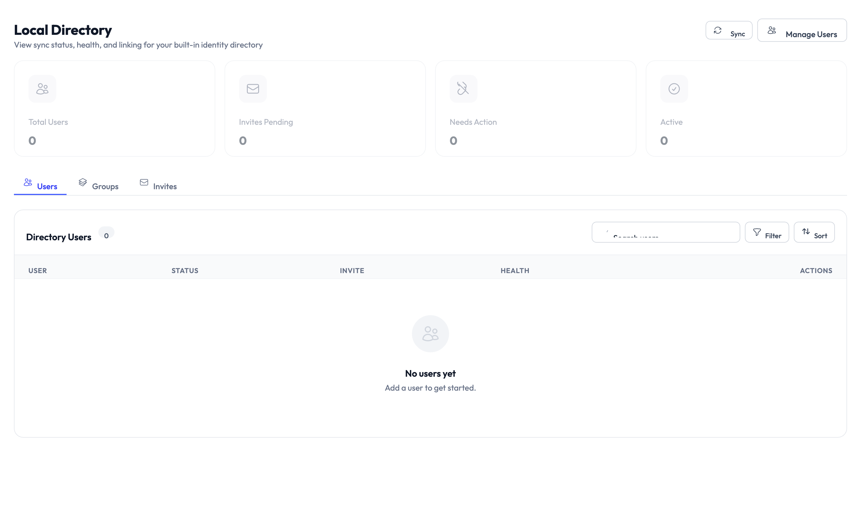 Local Directory page showing summary cards for Total Users, Invites Pending, Needs Action, and Active, with the Users, Groups, and Invites tabs
