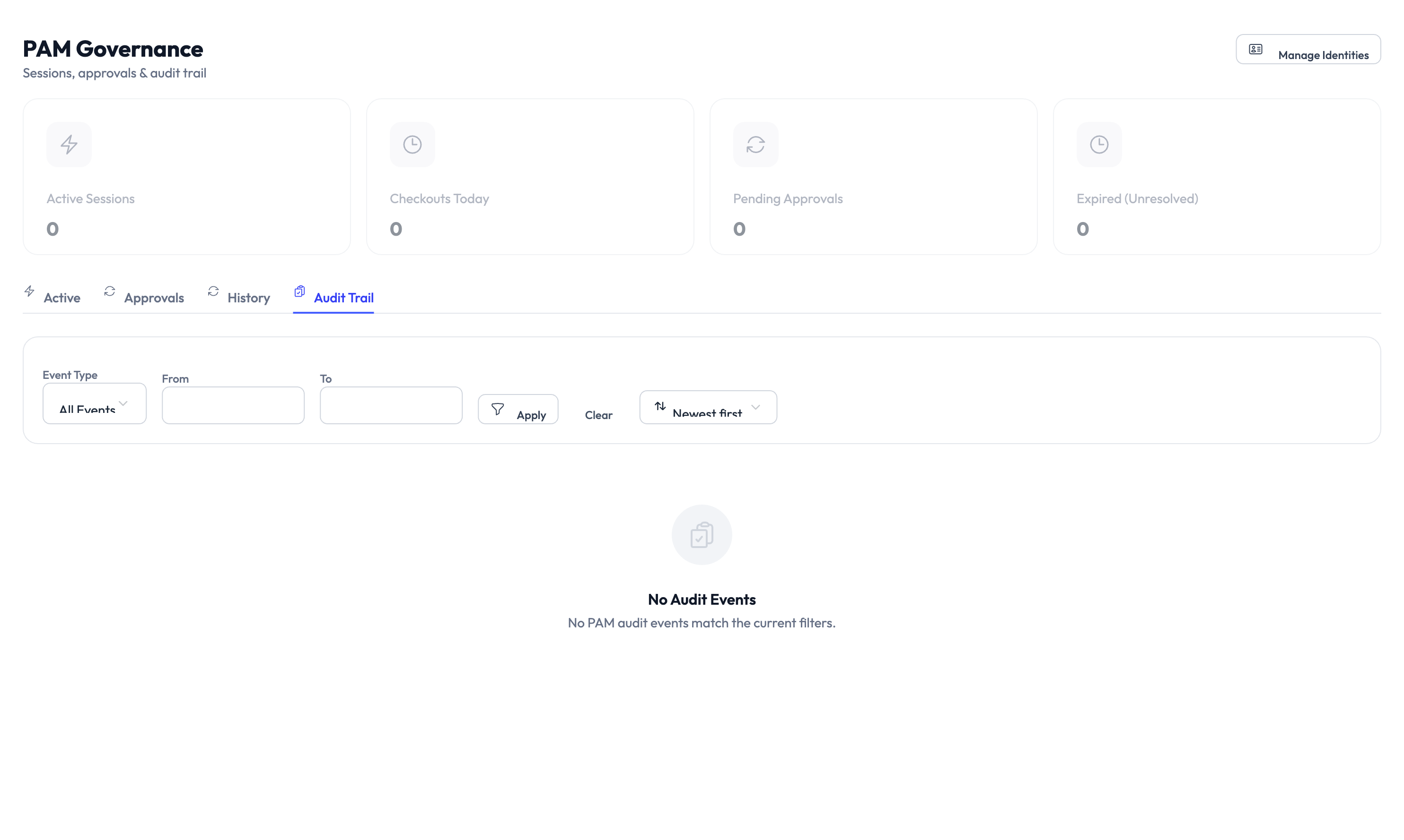 PAM audit trail showing recorded session events and compliance data