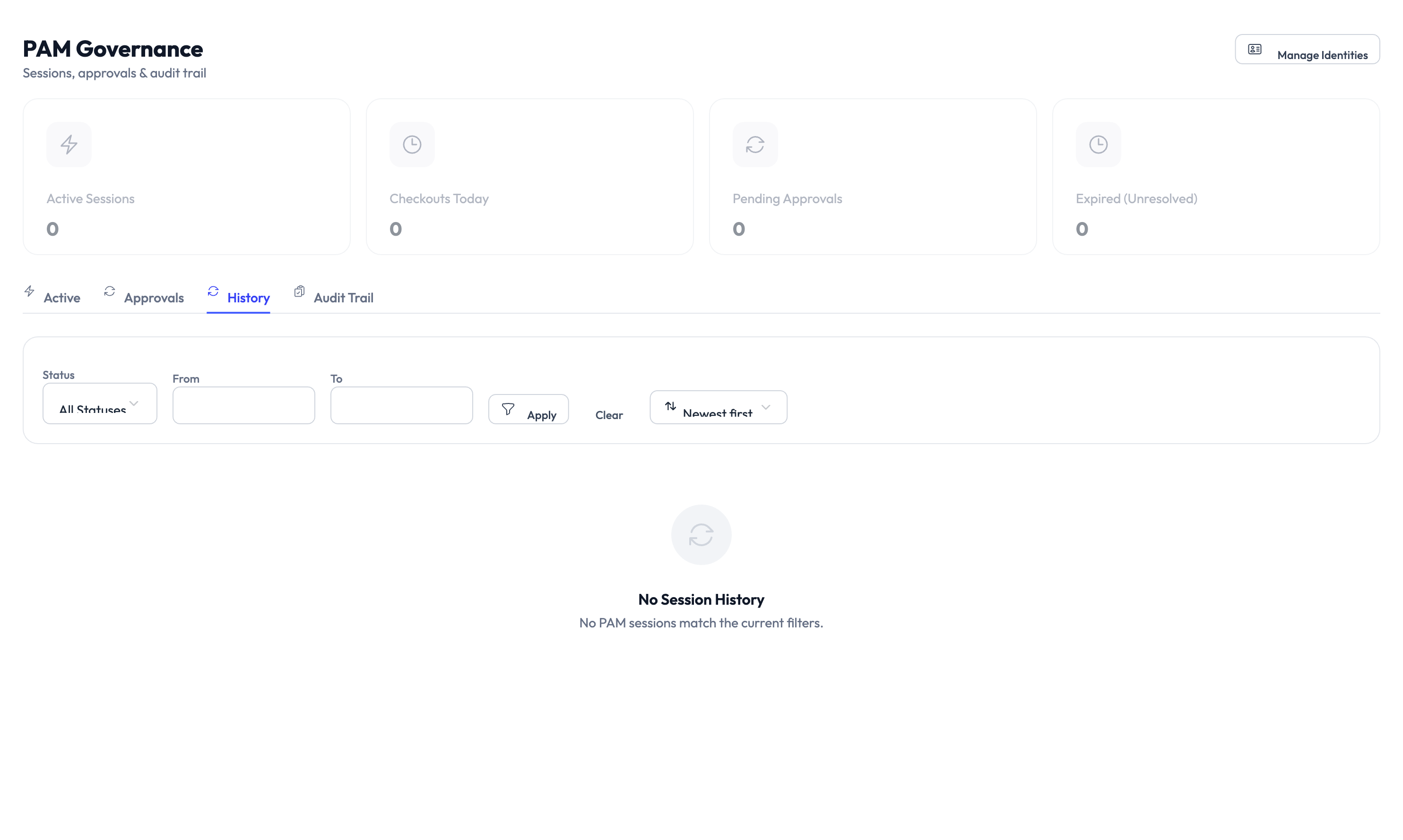 PAM history showing completed sessions and checkout activity log