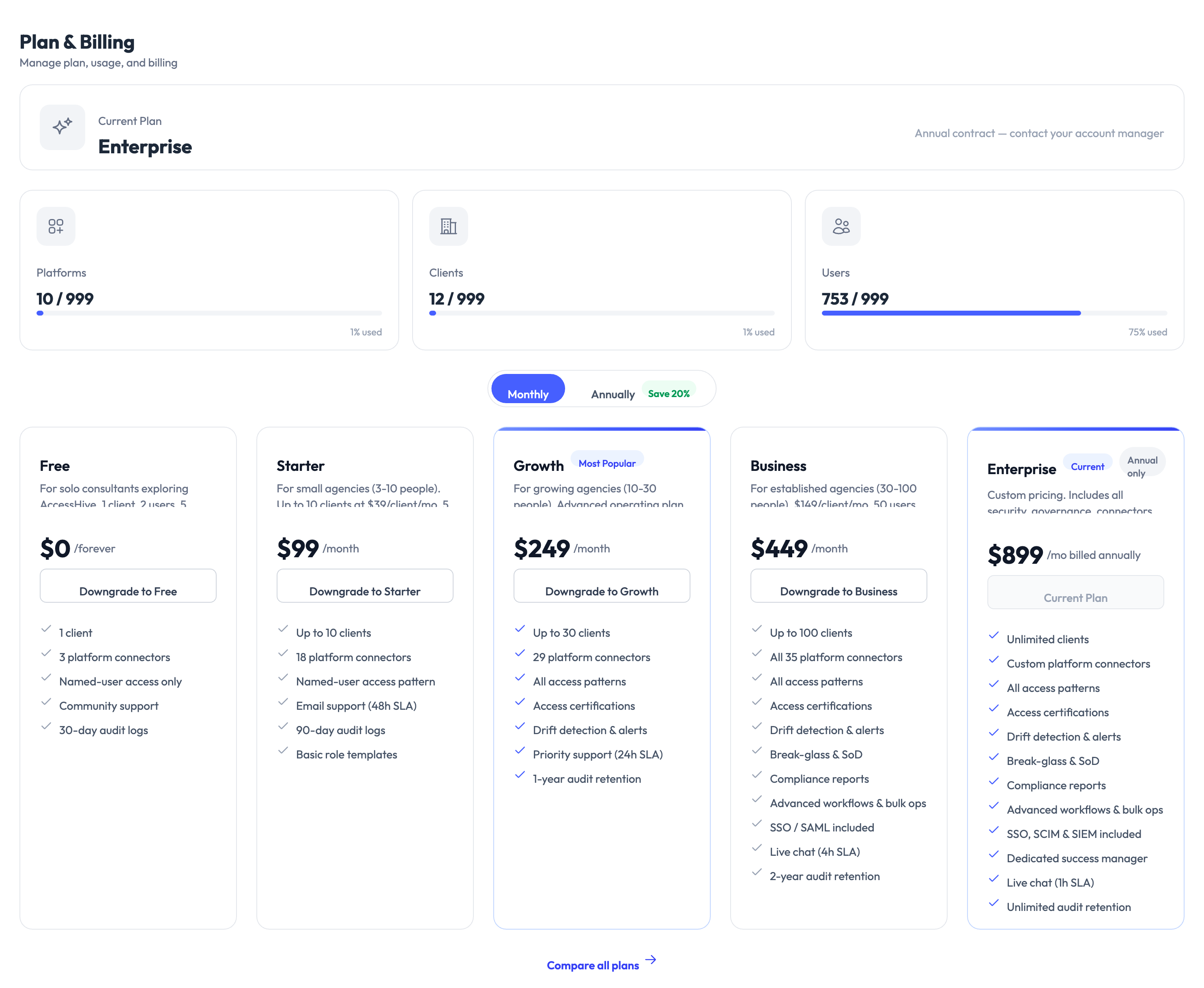 Plan and Billing settings page showing subscription and usage overview