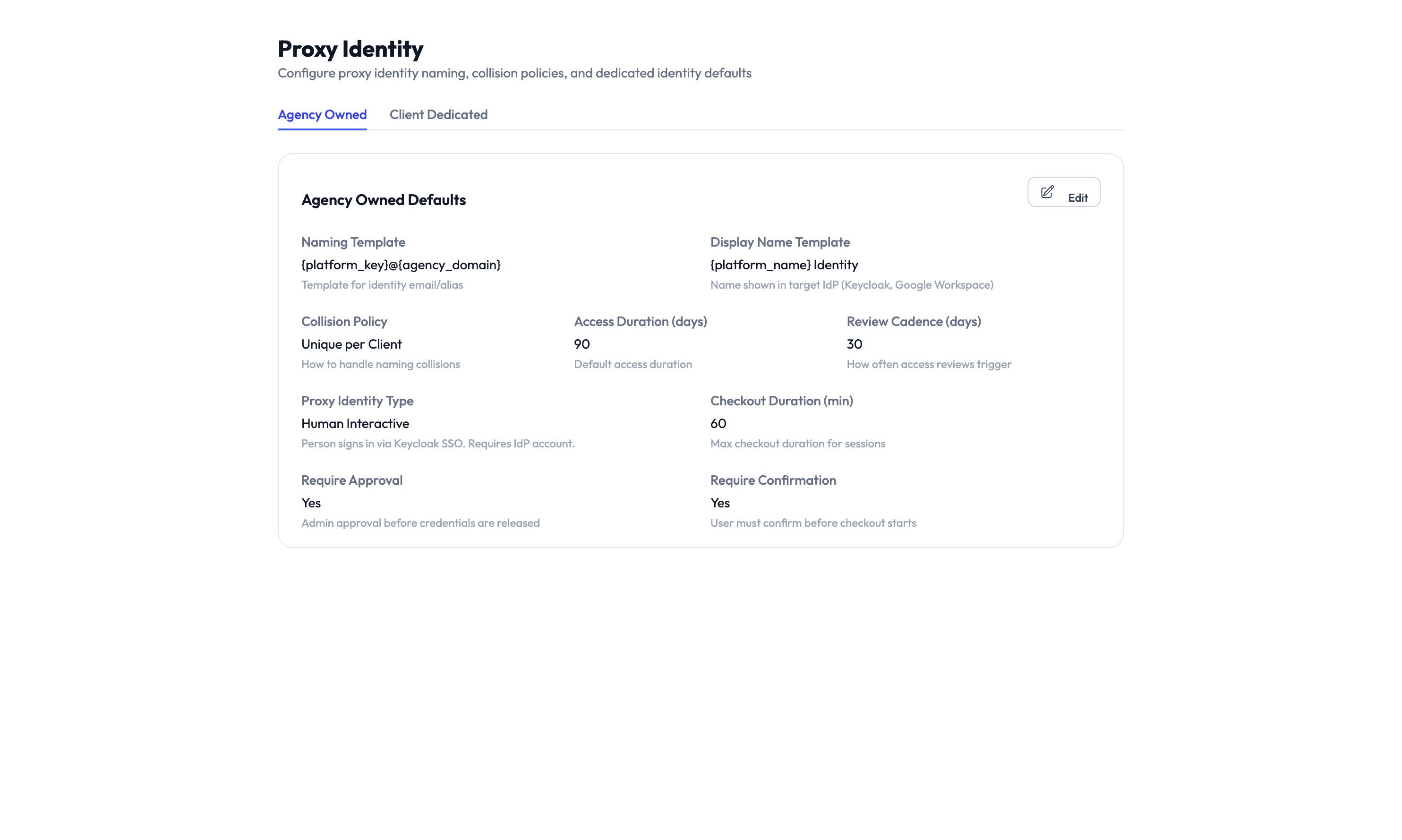 Proxy identity settings page showing naming template configuration