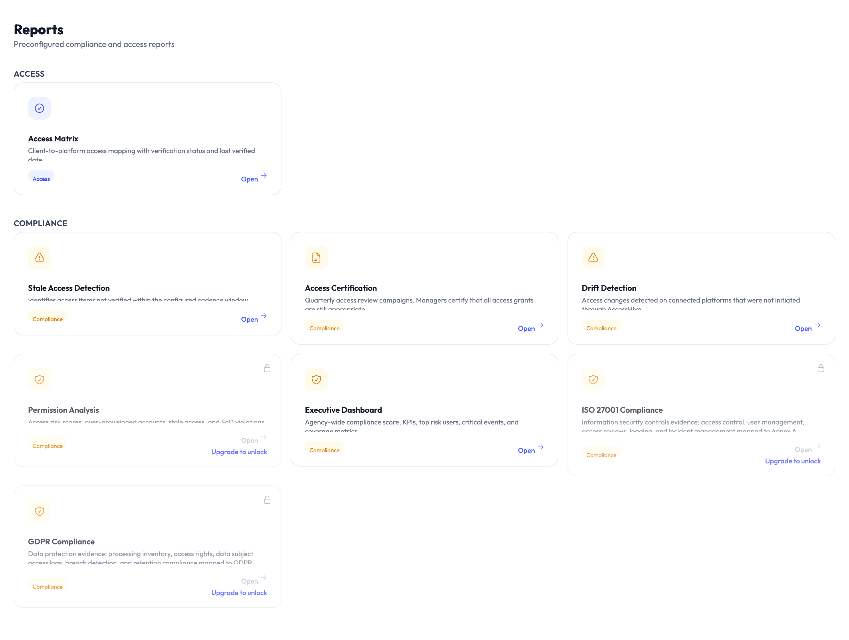 Reports page showing available compliance and analytics reports
