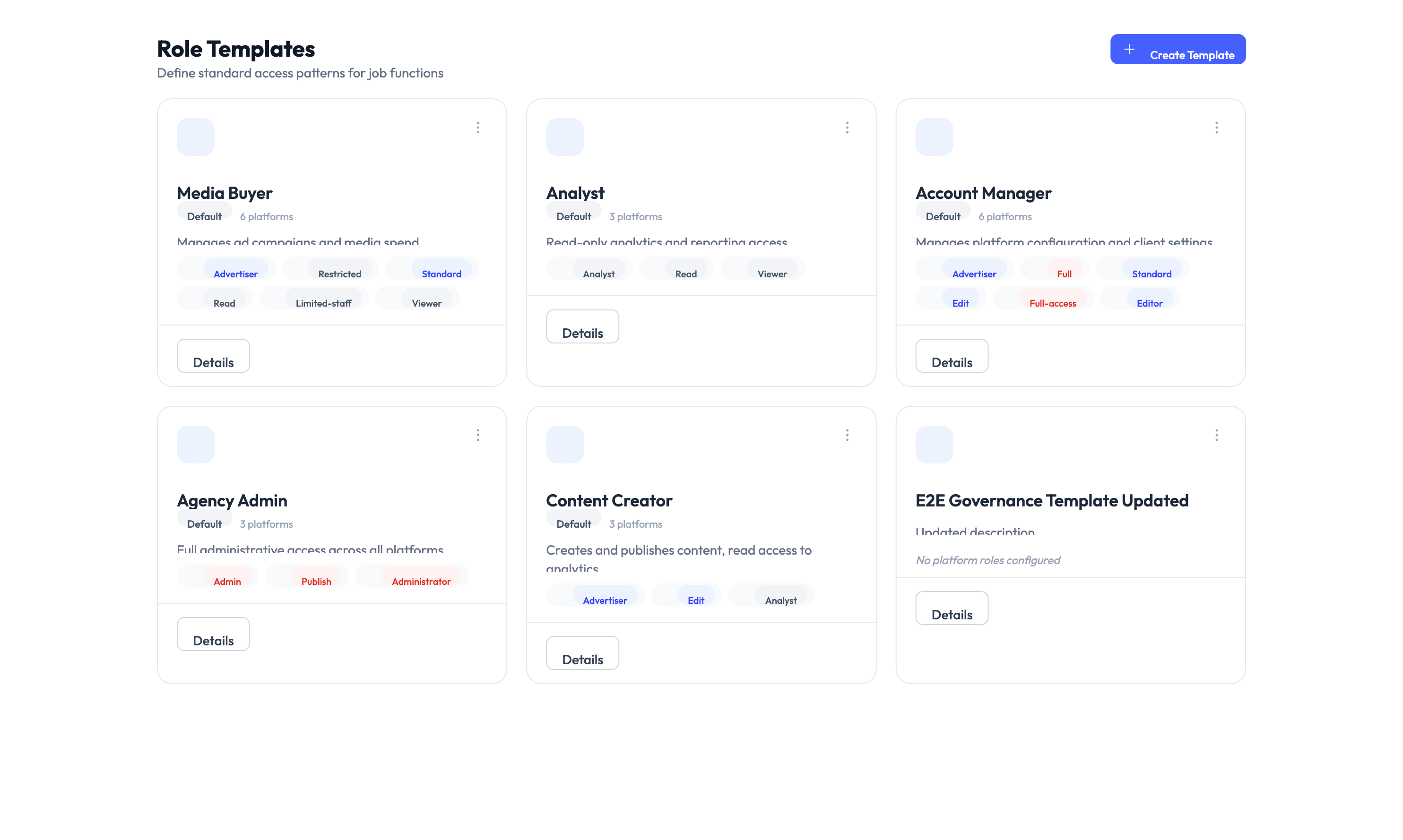Role templates page showing template list with platform assignments