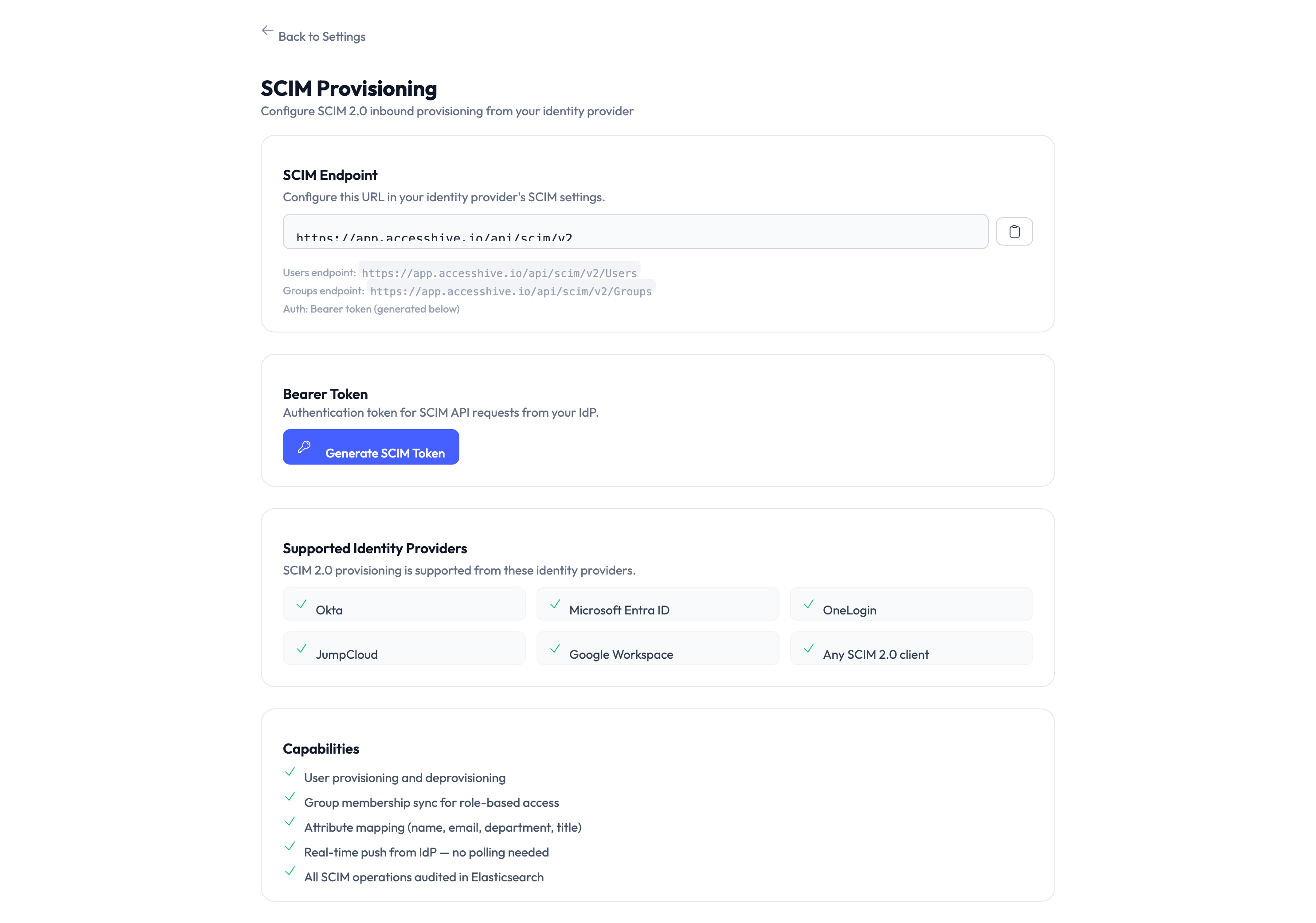 SCIM provisioning settings page showing endpoint and token configuration