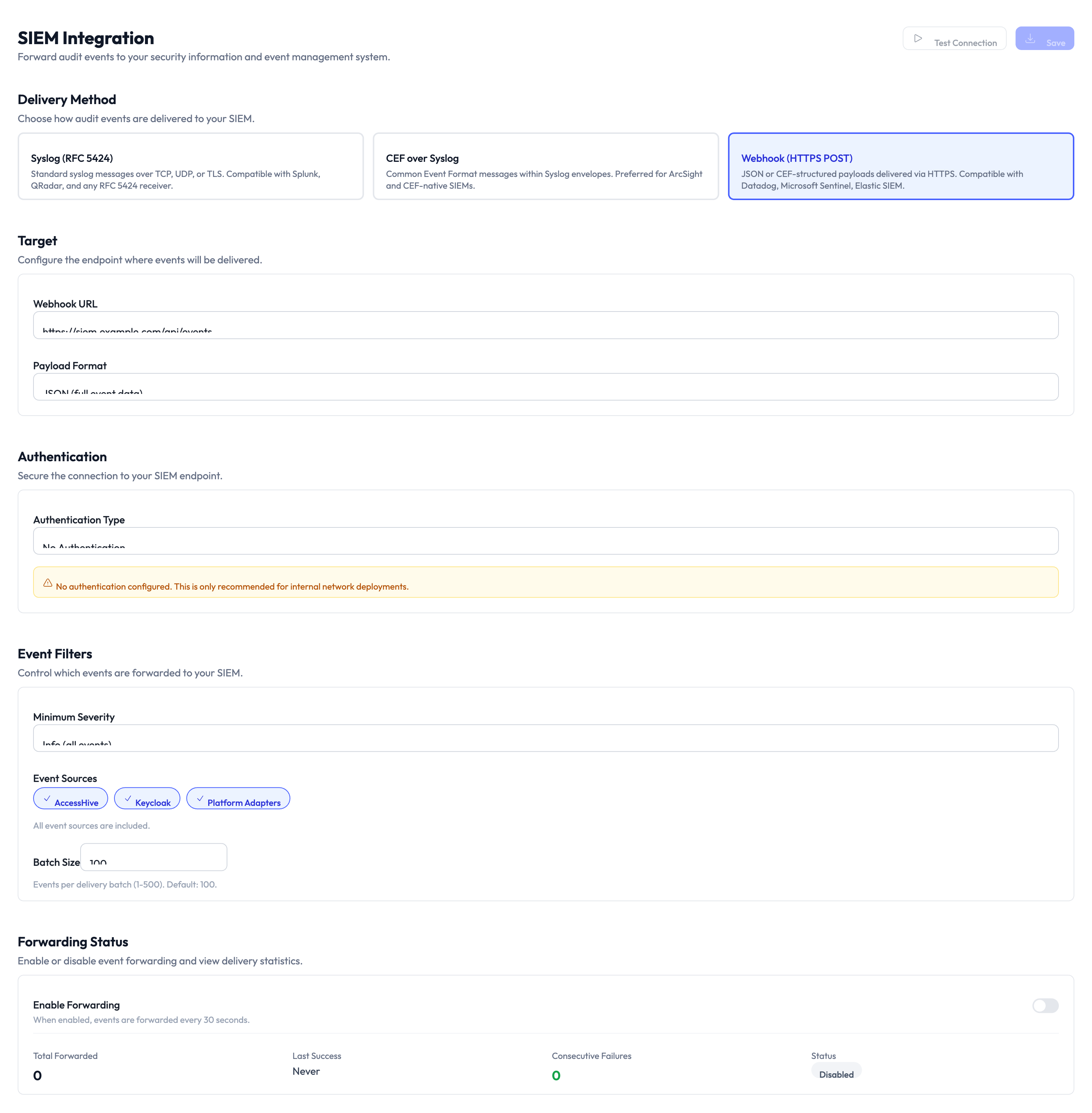 SIEM integration settings page showing log format and event forwarding configuration