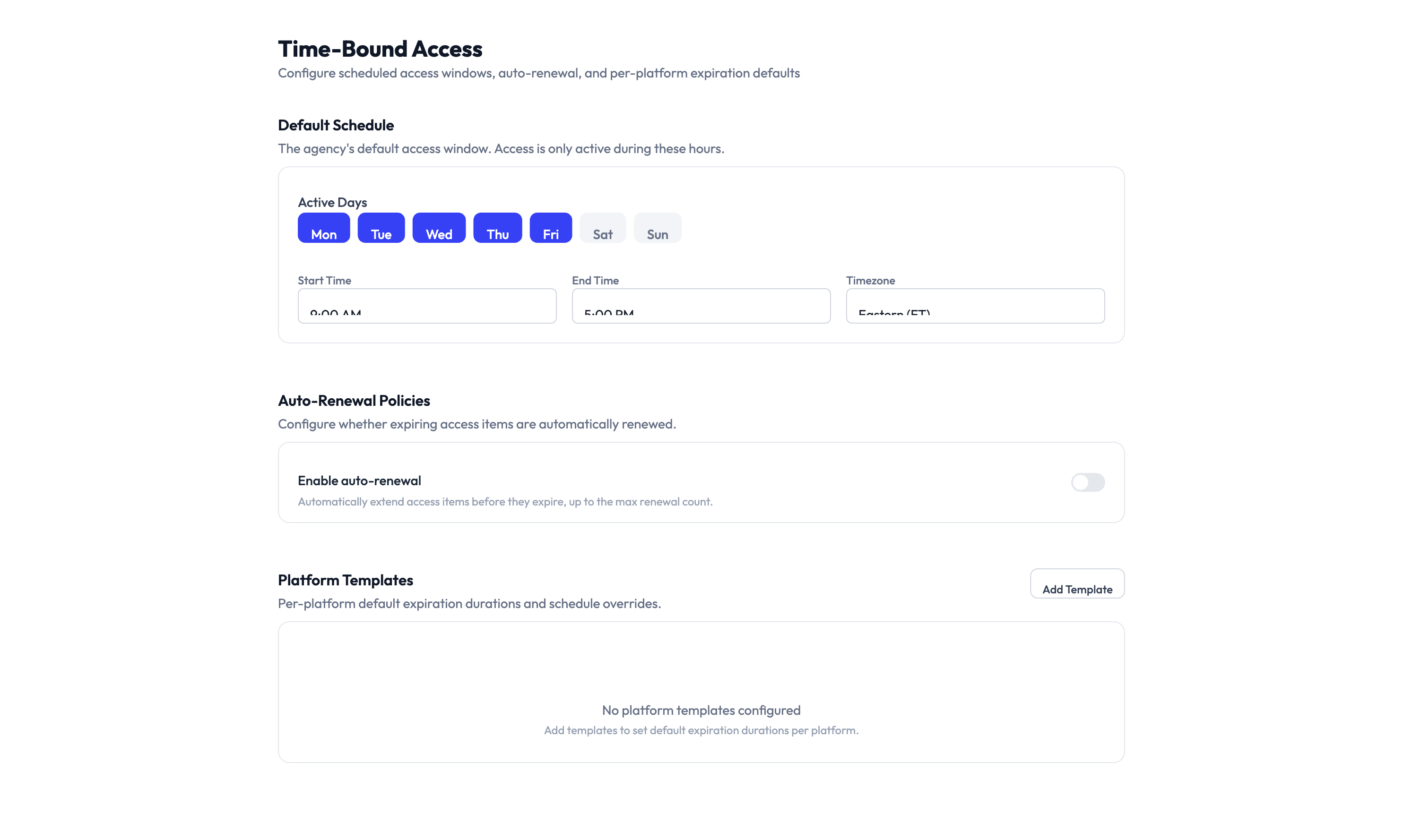 Time-bound access settings page showing expiration and renewal configuration